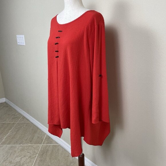 Ali Miles Tunic Top Women 1X Asymmetrical Artsy Crinkle Textured Long Sleeve Red - Picture 6 of 16